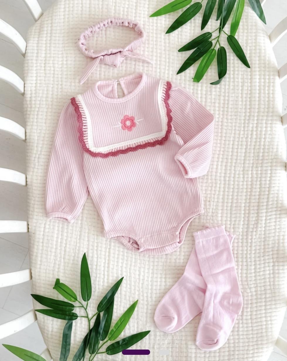 Çorap Bandanalı Romper Set Pembe