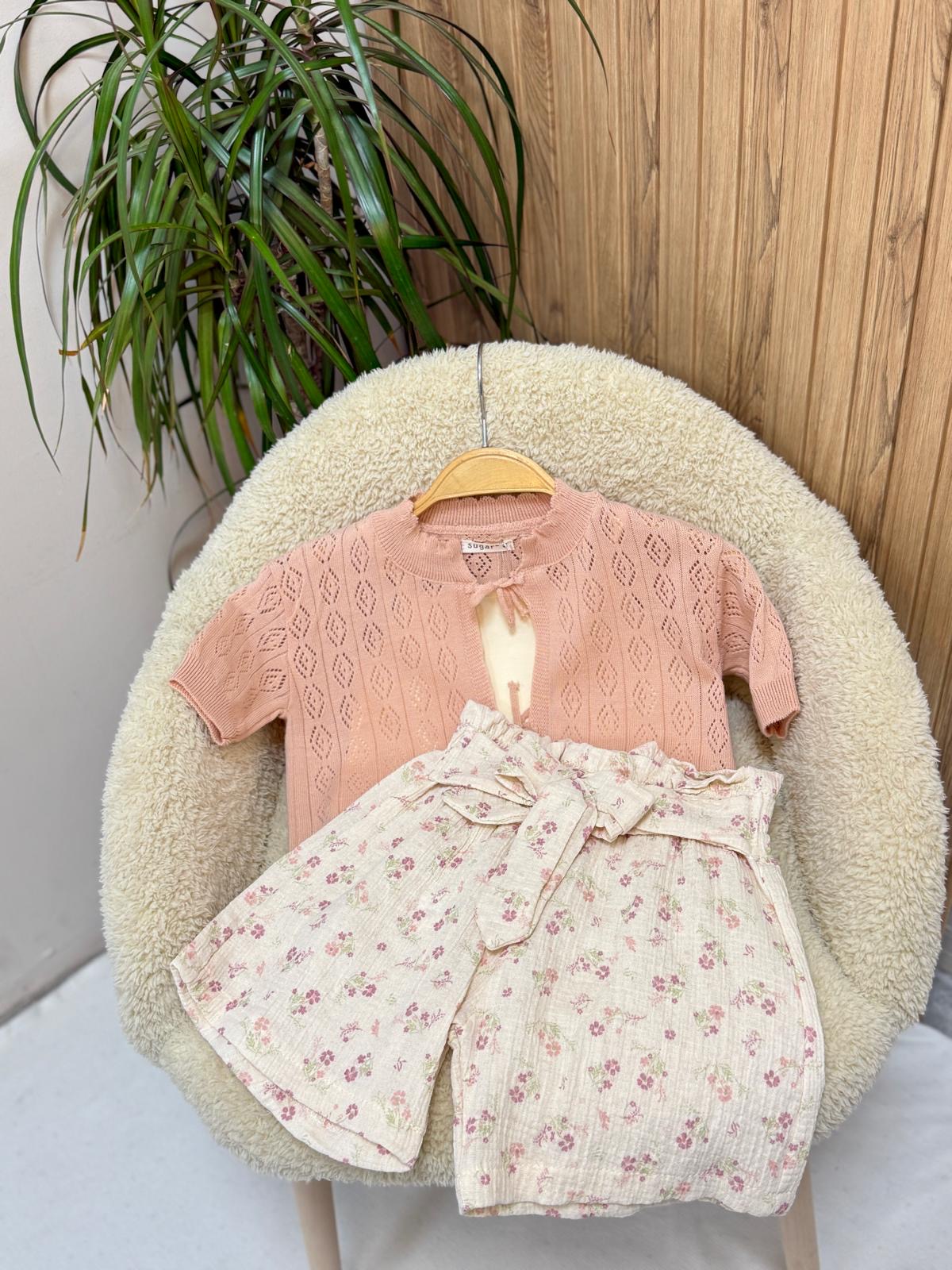 Ajur Desen Hırka Müslin Şortlu 3 Lü Takım Pembe